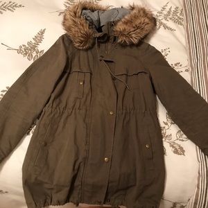Loft Military Green Coat with Fur Lined Hood